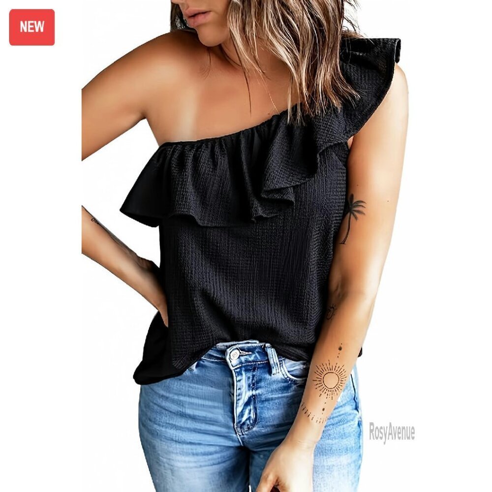 One Shoulder Ruffled Tunic Tank Top Sleeveless Loose Fit Summer